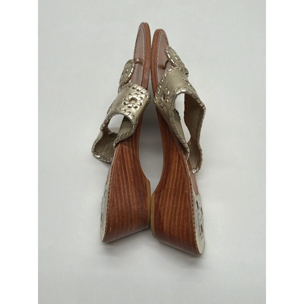 Jack Rogers Hamptons Mid Wedge Gold Leather Thong Sandals Womens 8.5 Metallic